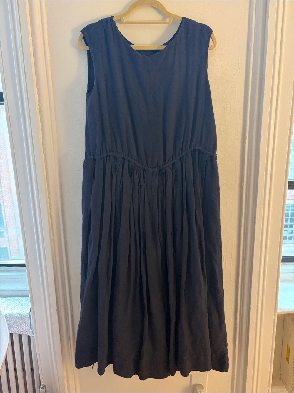 Navy Sleeveless boat neck Gathered Waist Dress